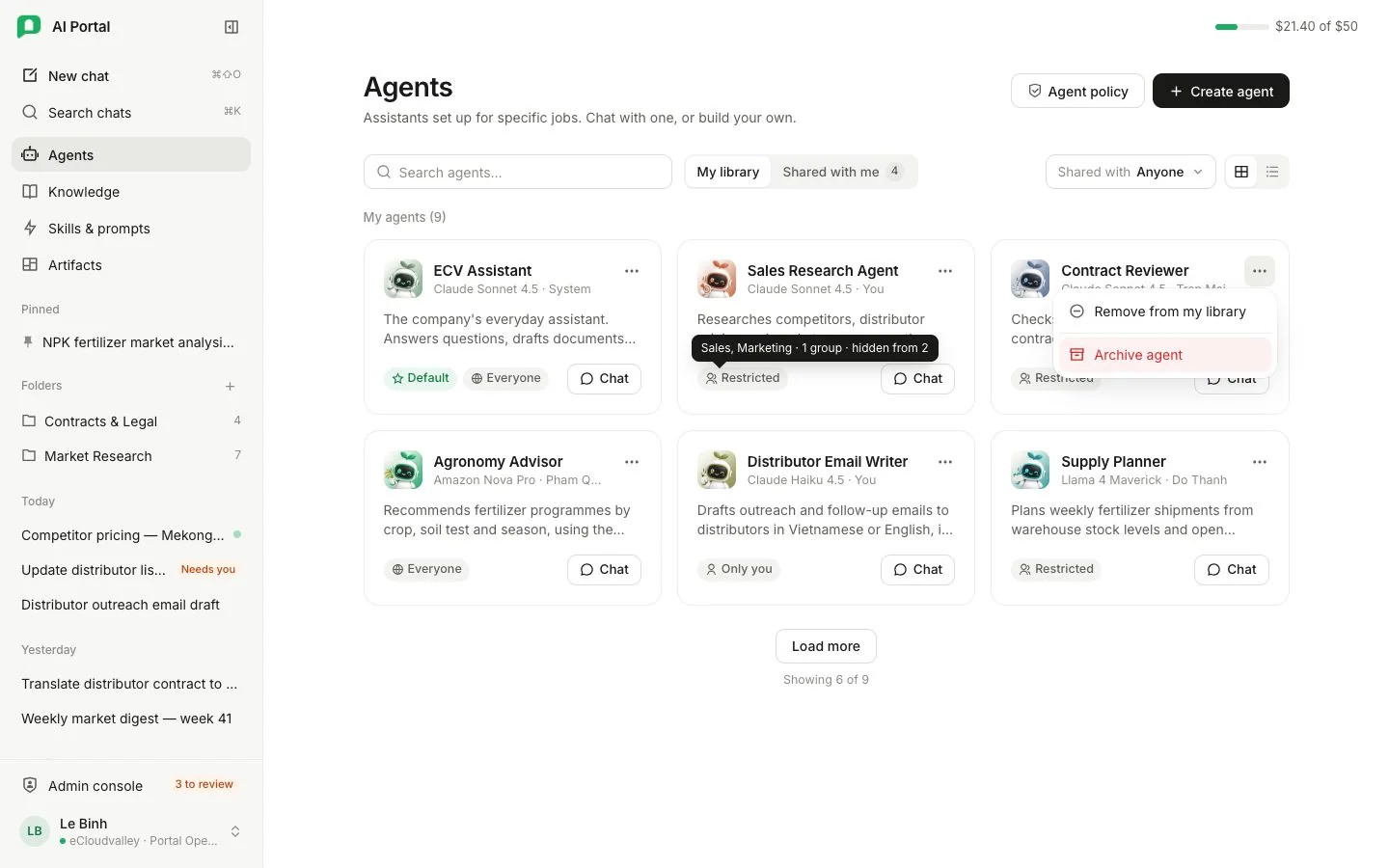 Thư viện agent với Agent policy, Create agent, nút chuyển thư viện và các thẻ agent