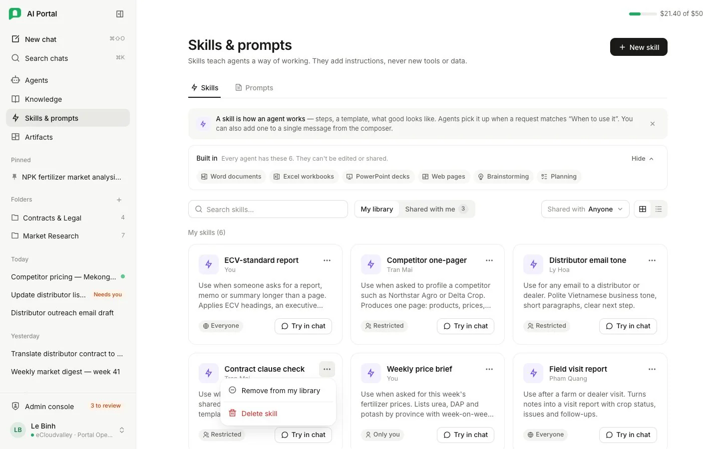 Màn hình Skills & prompts ở thẻ Skills, với các skill Built in và thẻ skill