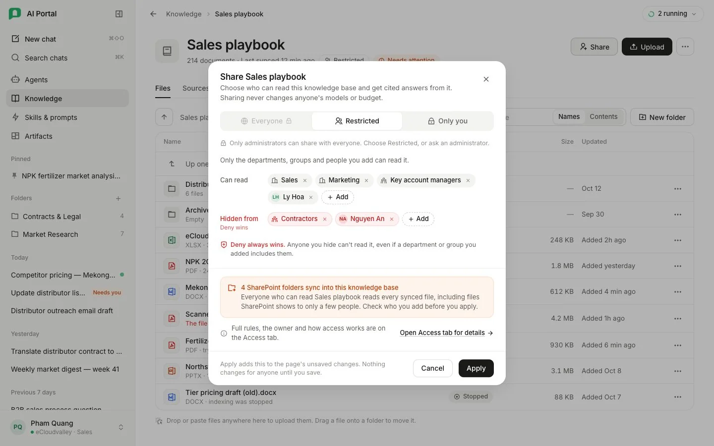 Bảng Share của một kho tri thức ở chế độ Restricted với Can read và Hidden from