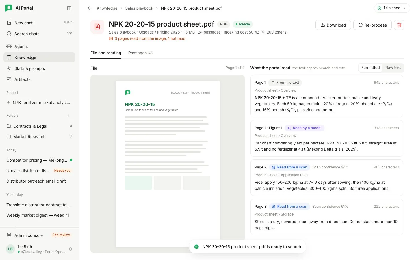 Trang tài liệu ở thẻ File and reading: PDF bên trái và nội dung portal đã đọc bên phải, mỗi phần ghi cách đọc