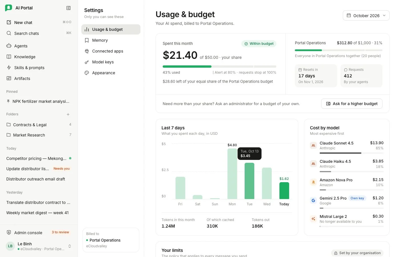 Menu Settings: Usage & budget, Memory, Connected apps, Model keys, Appearance