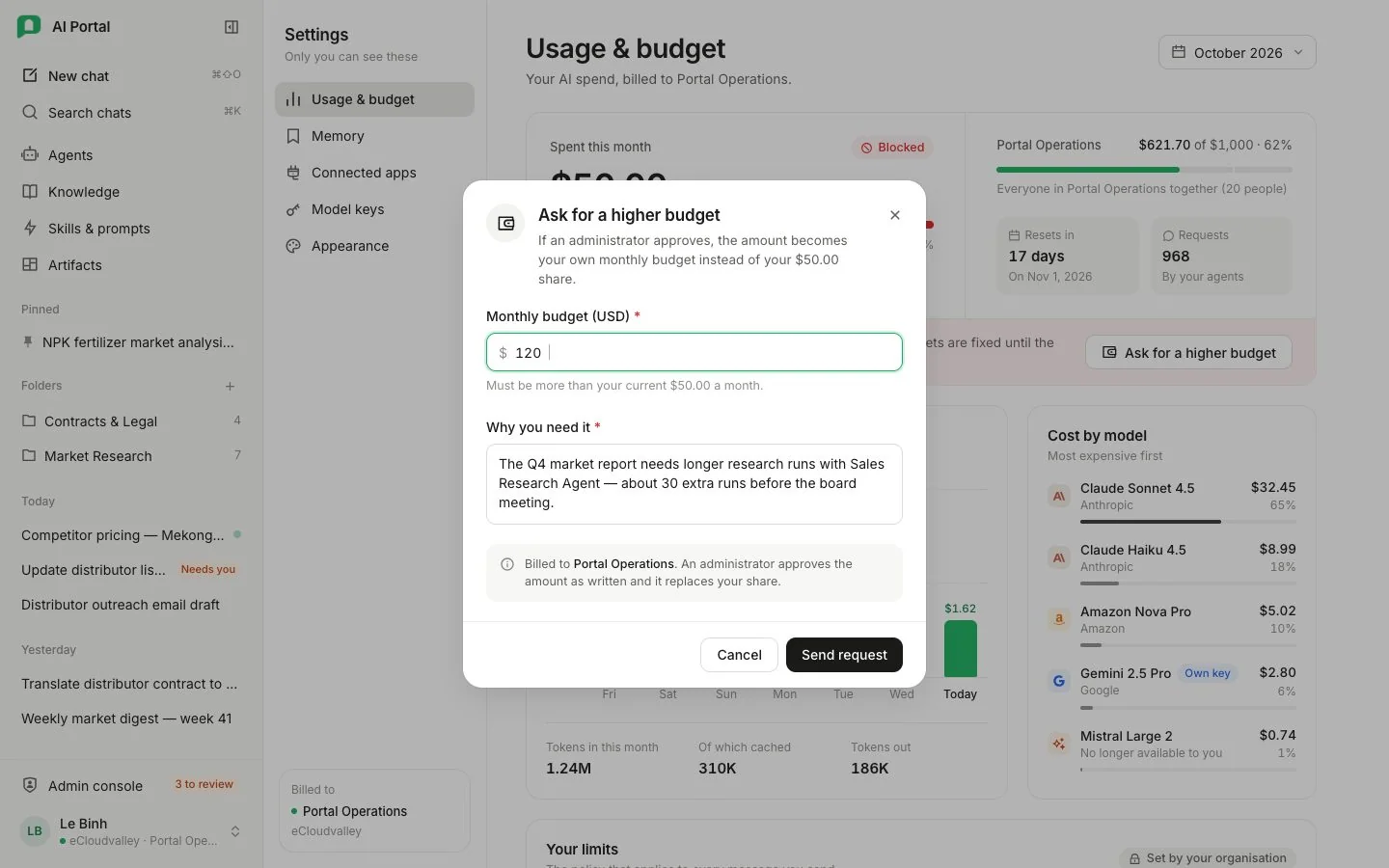 Hộp thoại Ask for a higher budget với số tiền, lý do và Send request