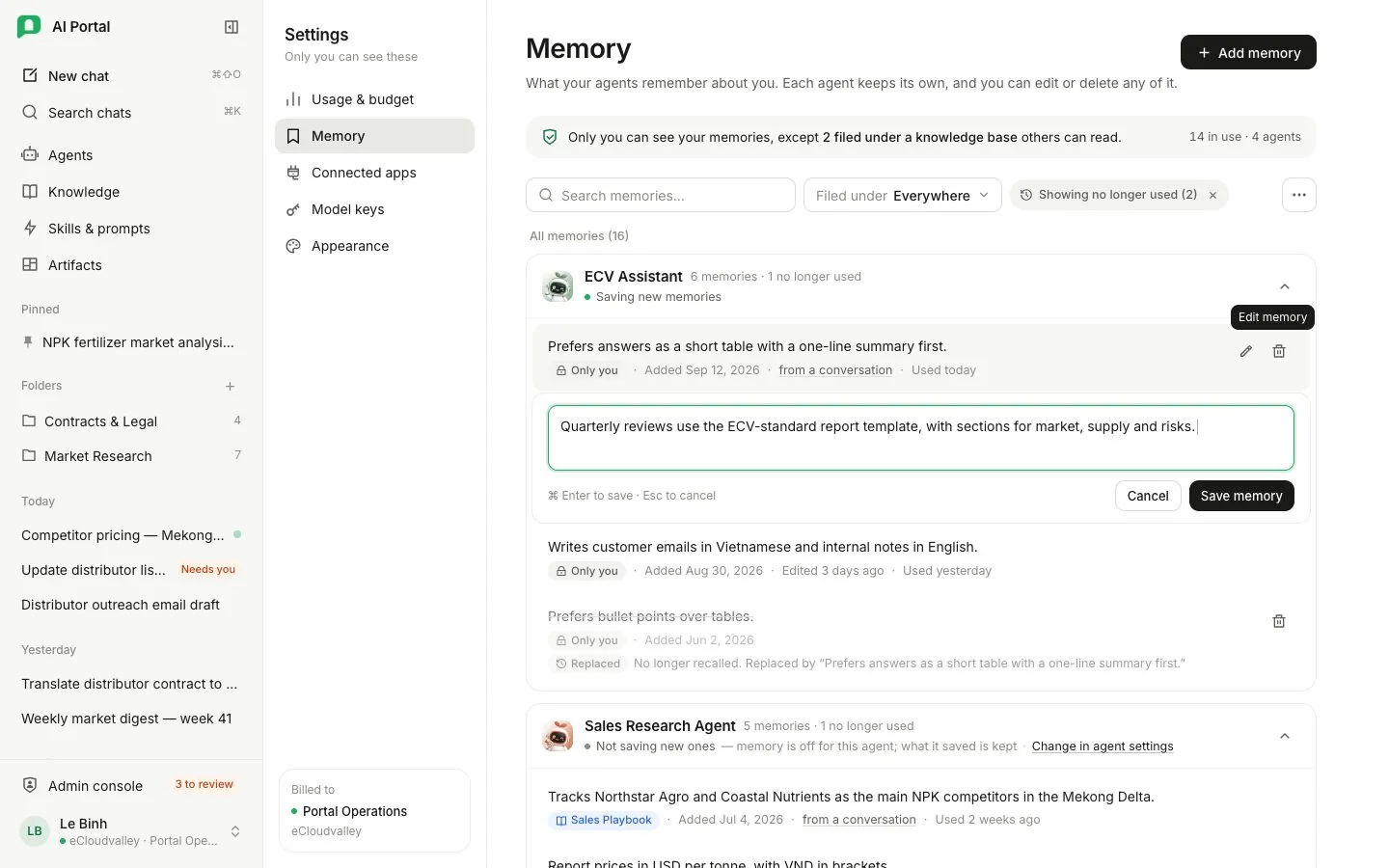 Trang Memory với các ghi nhớ nhóm theo agent, một ghi nhớ đang được sửa