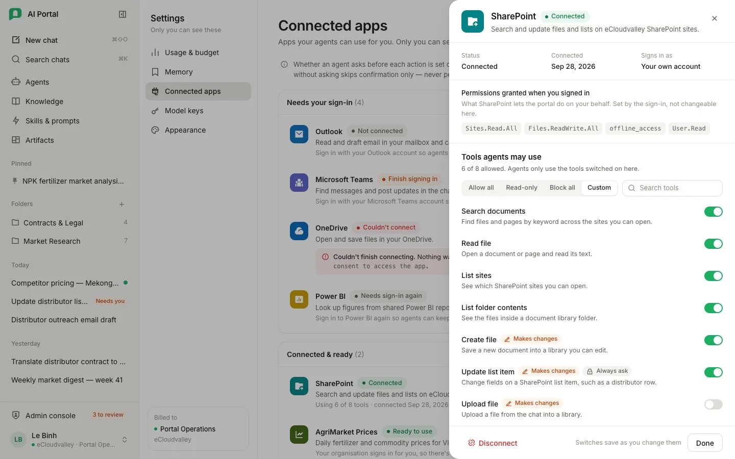 Connected apps với các ứng dụng nhóm theo trạng thái bên trái và bảng của một ứng dụng đang mở bên phải