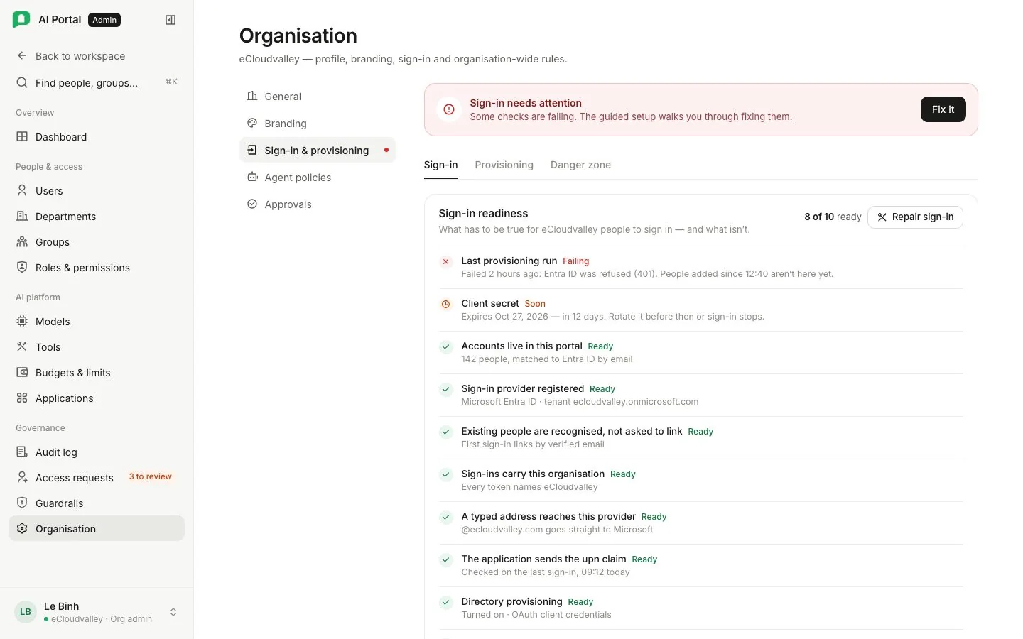 Tab Sign-in & provisioning của Organisation