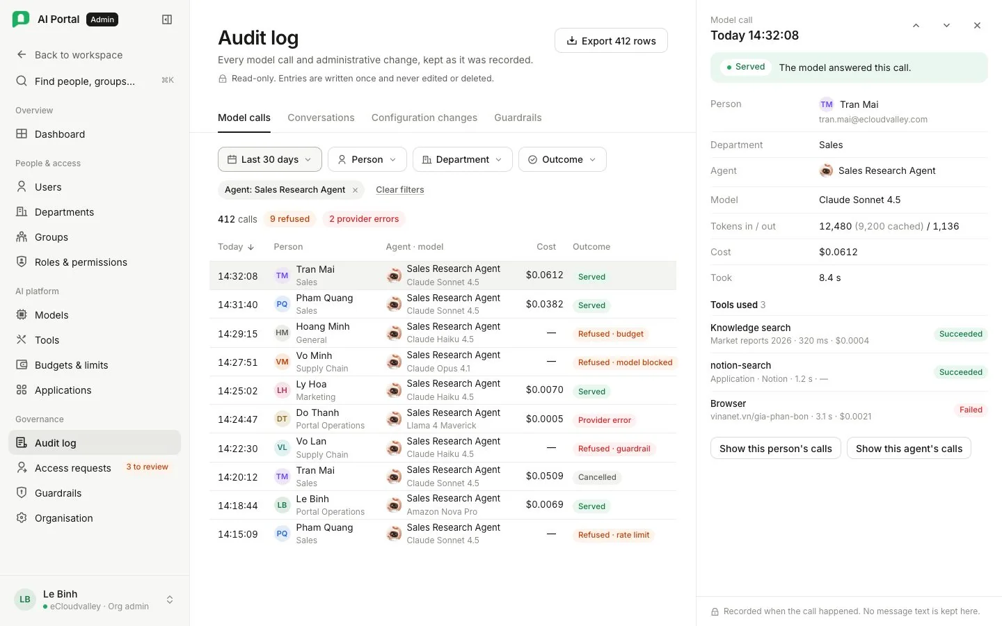 Audit log: lần gọi mô hình và chi tiết