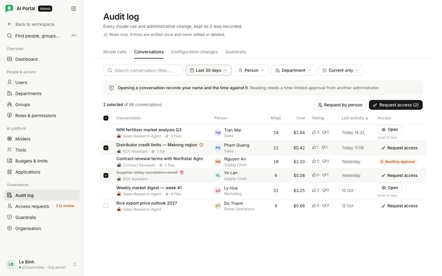 Audit log: hội thoại và quyền truy cập