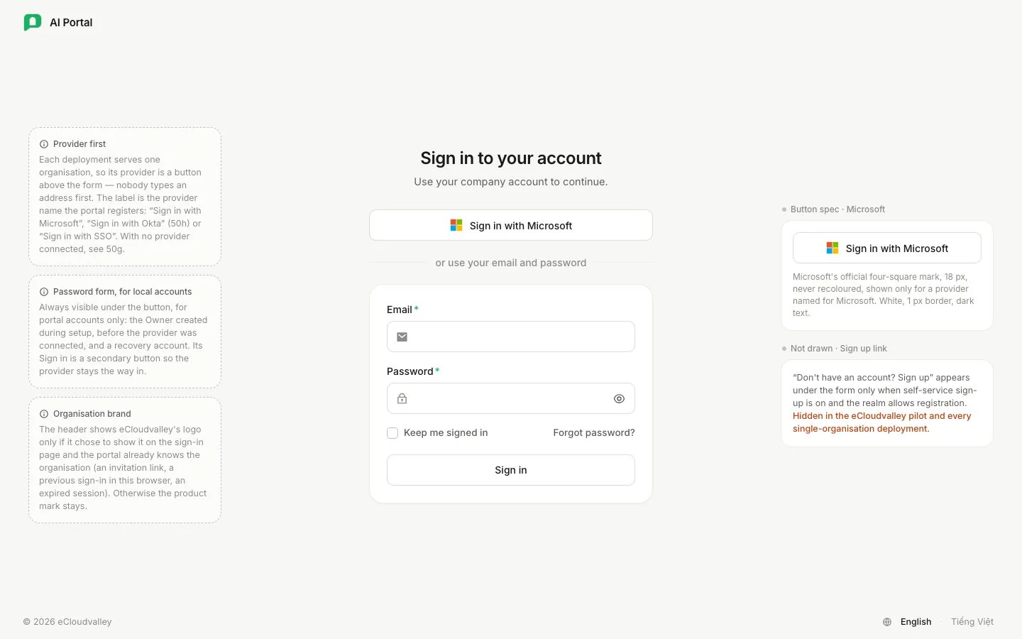 Màn hình đăng nhập với nút Sign in with Microsoft